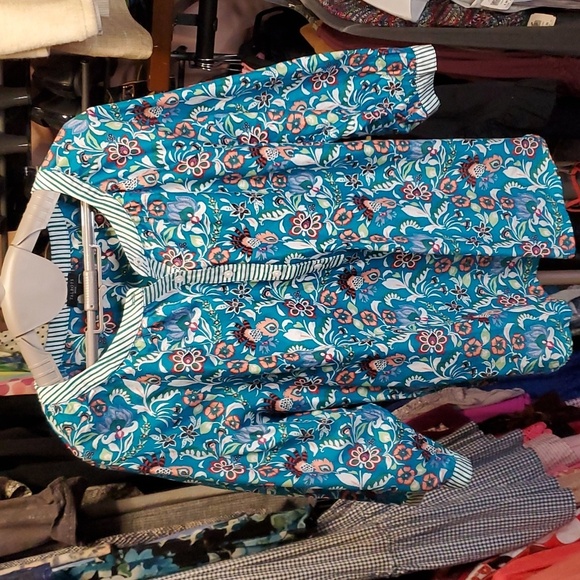Talbots band collar popover turquoise blue jocobean floral 100% cotton sz. PL - Picture 2 of 10